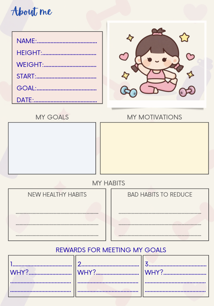 Cute Fitness Planner 39 pages; Printable & Digital Journal