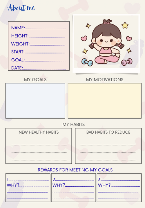 Cute Fitness Planner 39 pages; Printable & Digital Journal