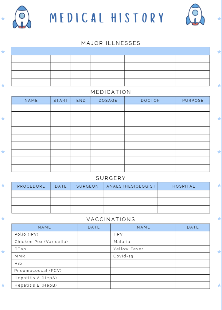 Printable Kids Medical Planner for Boys/ Cute Child Health Tracker